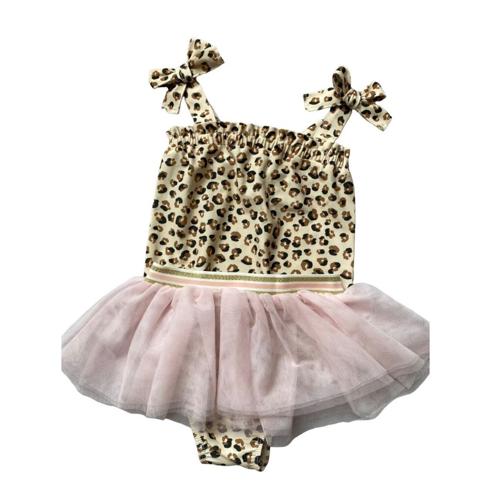 Mud Pie 5T Leopard bathing Swimsuit pink Tutu Set bows  UPF 50+ NWOT beach pool